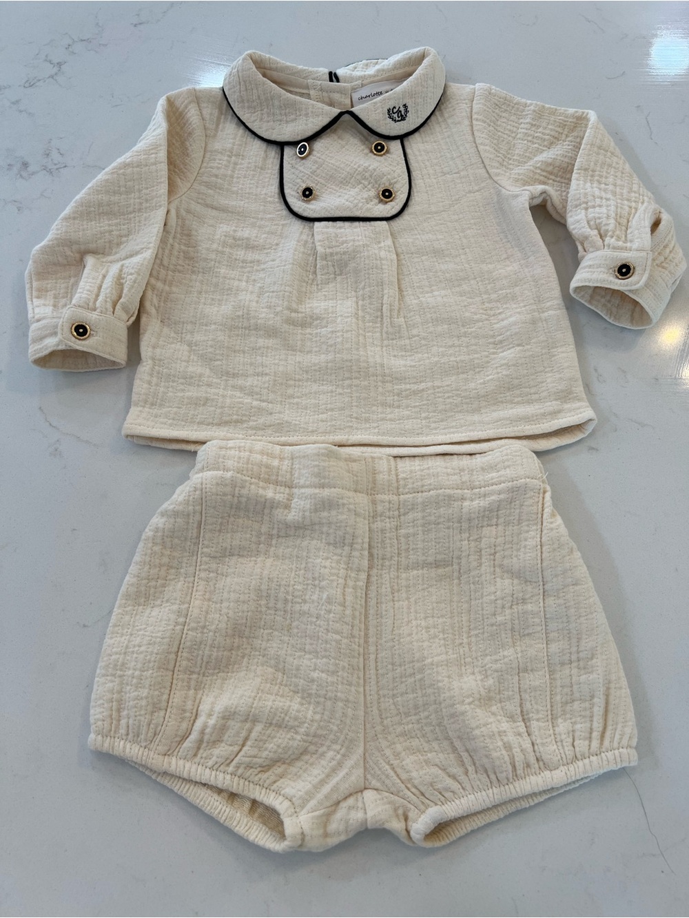 Cream Texture Baby Boy Two-Piece Set with Contrast Trim